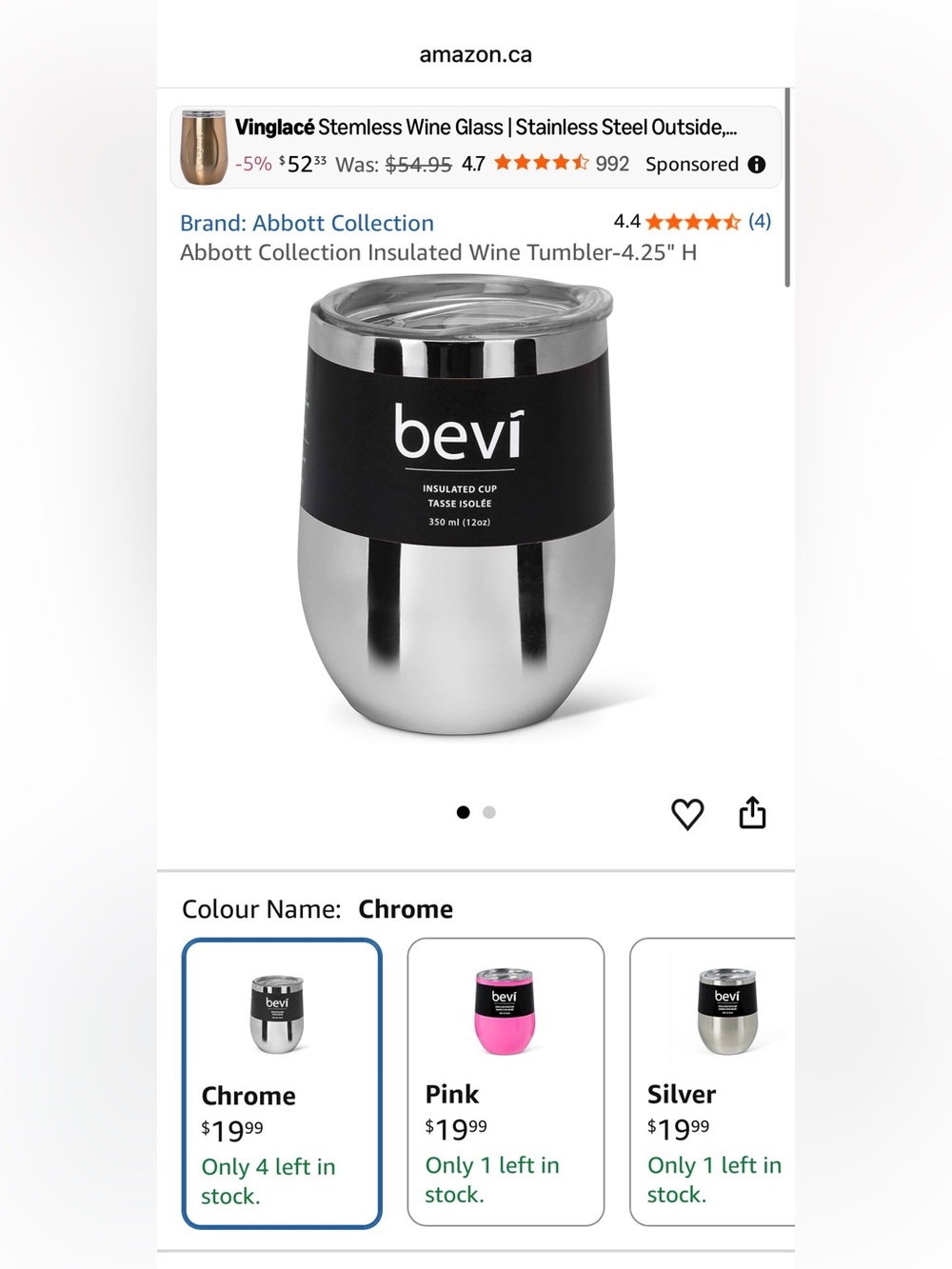 Bevi Insulated Wine Tumbler - Chrome
